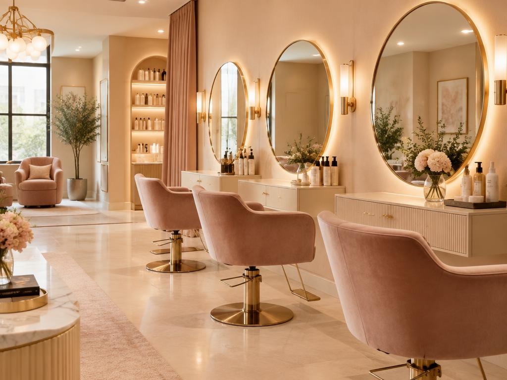 Interior do salão Maison Lumi com cadeiras de veludo e espelhos redondos